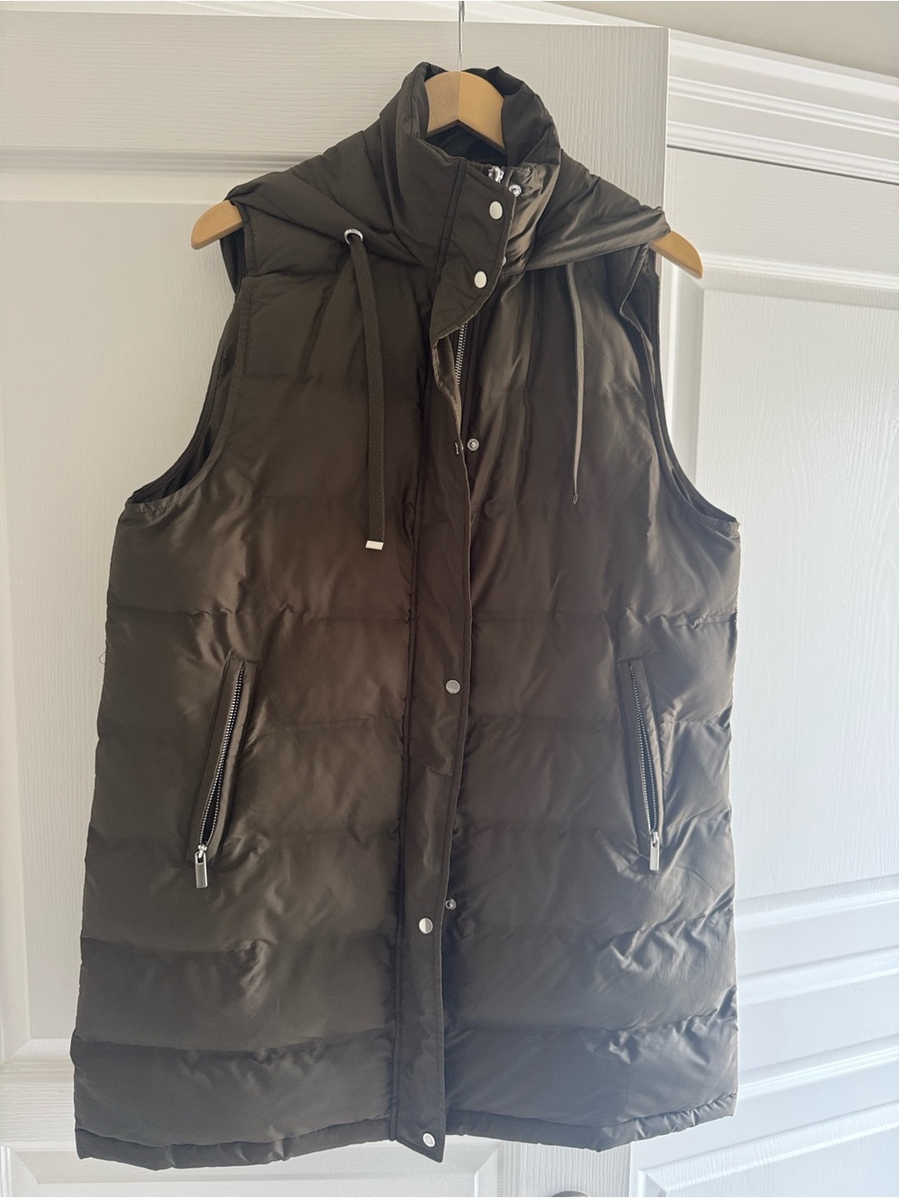 Zara Dark Olive Quilted Puffer Vest with High Collar
